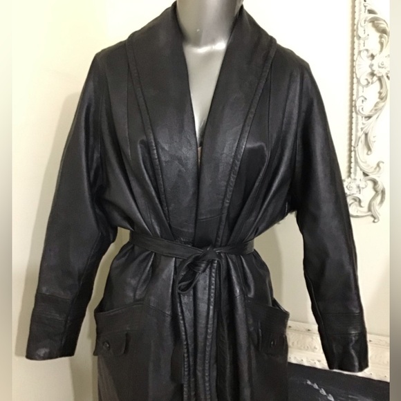 VINTAGE Black Leather Maxi Coat - Picture 4 of 12